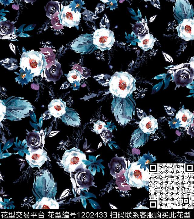 水彩小碎花手绘玫瑰数码印花华亿平台下载（图片编号: 1202433） - 瓦栏（Walan）