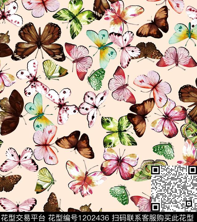 手绘蝴蝶大牌风数码印花华亿平台下载（图片编号: 1202436） - 瓦栏（Walan）