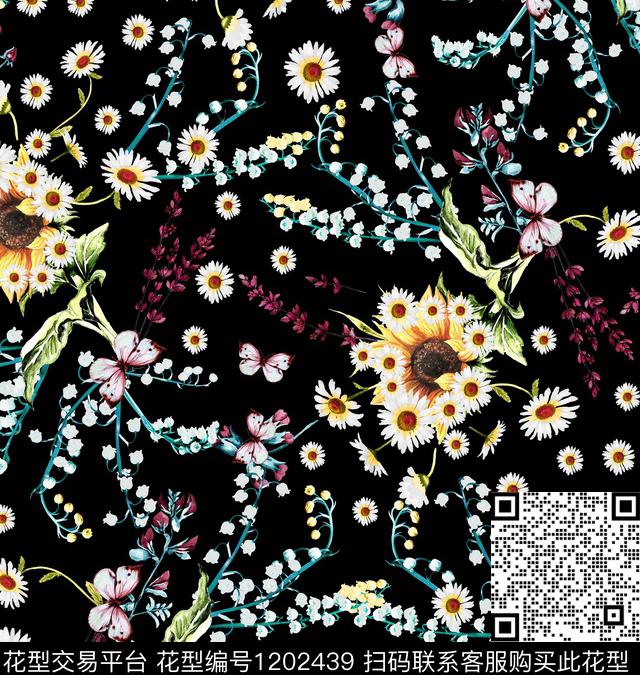小碎花花卉蝴蝶向日葵数码印花华亿平台下载（图片编号: 1202439） - 瓦栏（Walan）