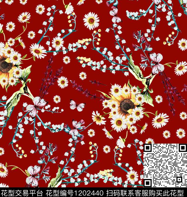 小碎花花卉蝴蝶向日葵数码印花华亿平台下载（图片编号: 1202440） - 瓦栏（Walan）