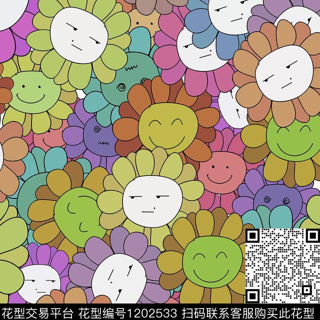 卡通板绘向日葵数码印花华亿平台下载（图片编号: 1202533） - 瓦栏（Walan）