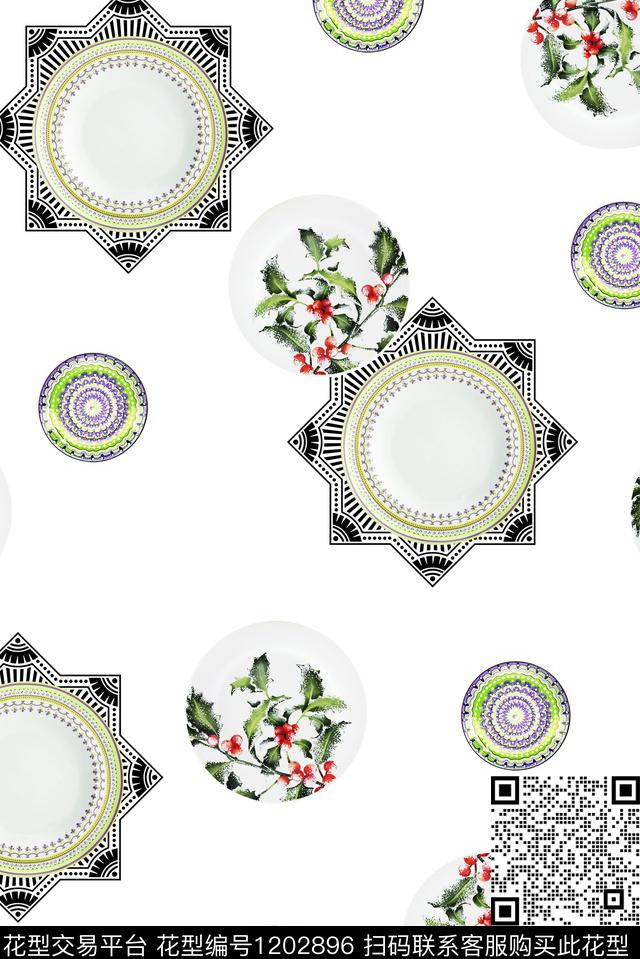 水彩花卉几何曼陀罗数码印花华亿平台下载（图片编号: 1202896） - 瓦栏（Walan）