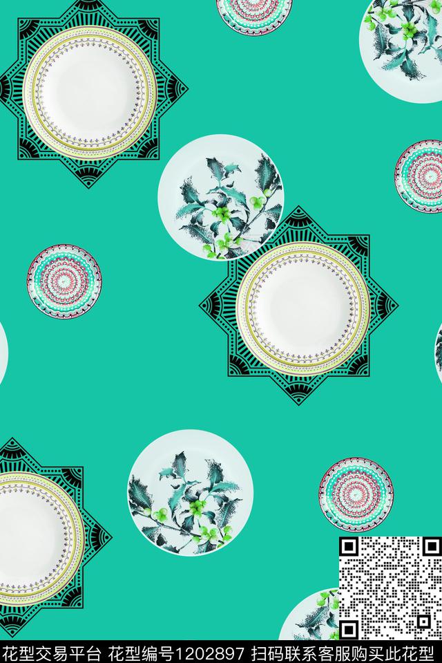 水彩花卉几何曼陀罗数码印花华亿平台下载（图片编号: 1202897） - 瓦栏（Walan）