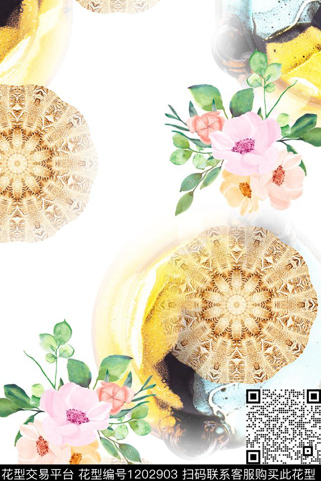 水彩花卉几何曼陀罗数码印花华亿平台下载（图片编号: 1202903） - 瓦栏（Walan）