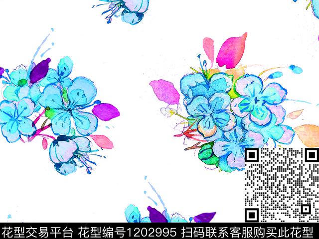 水彩花卉散点排列美丽数码印花华亿平台下载（图片编号: 1202995） - 瓦栏（Walan）
