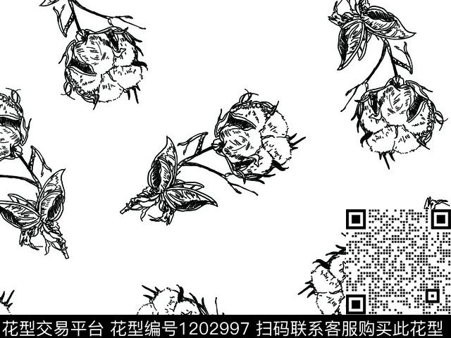 木棉花线条花卉满底散点数码印花华亿平台下载（图片编号: 1202997） - 瓦栏（Walan）