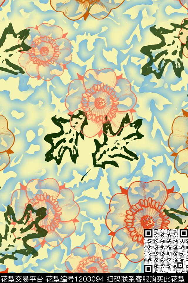 植物手绘线条笔触迷彩图案数码印花华亿平台下载（图片编号: 1203094） - 瓦栏（Walan）