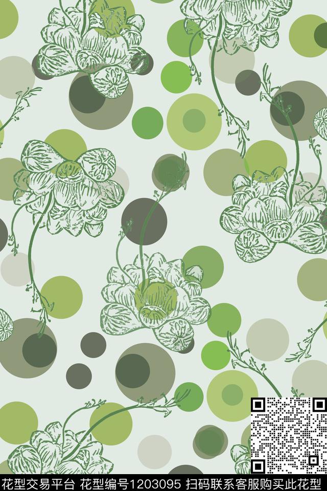 植物肉肉植物圆圈与波点传统印花华亿平台下载（图片编号: 1203095） - 瓦栏（Walan）