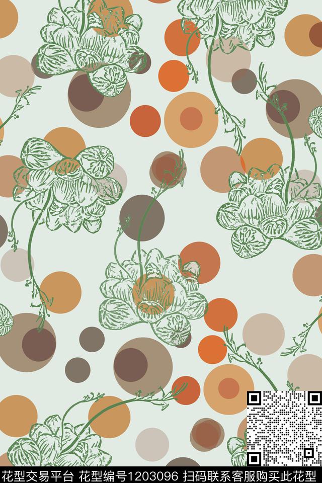 植物肉肉植物圆圈与波点传统印花华亿平台下载（图片编号: 1203096） - 瓦栏（Walan）