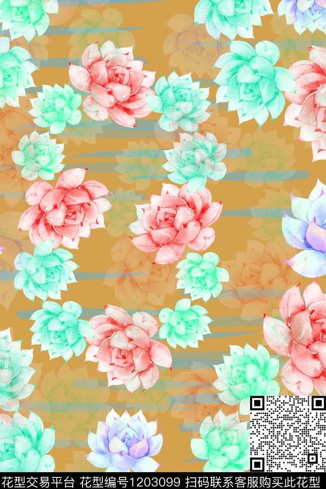 植物肉肉植物手绘线条笔触数码印花华亿平台下载（图片编号: 1203099） - 瓦栏（Walan）