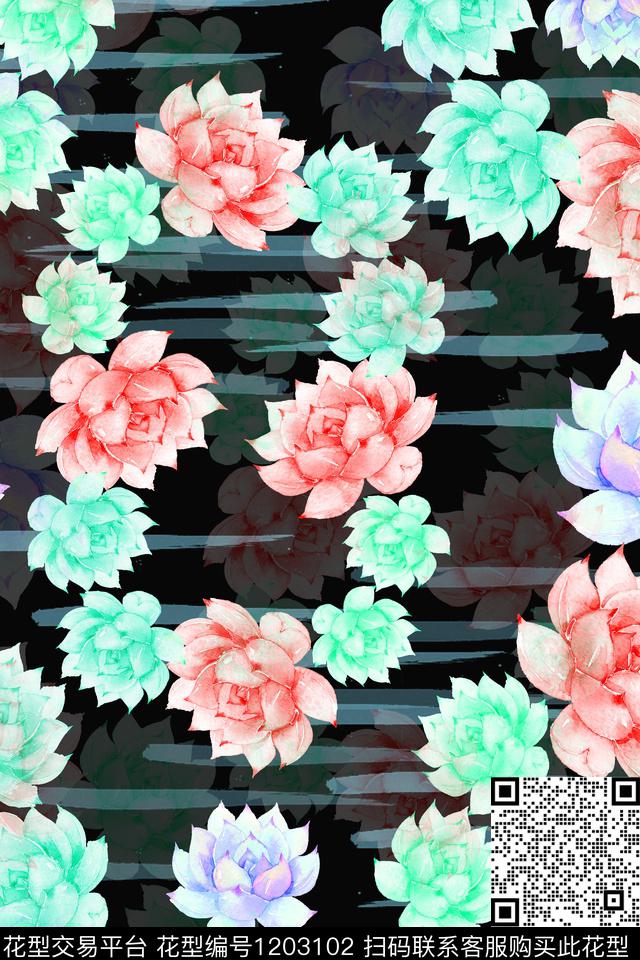 植物肉肉植物手绘线条笔触数码印花华亿平台下载（图片编号: 1203102） - 瓦栏（Walan）