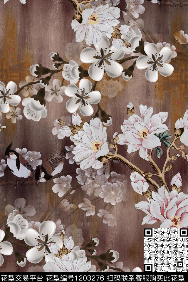 香云纱旗袍鸟数码印花华亿平台下载（图片编号: 1203276） - 瓦栏（Walan）