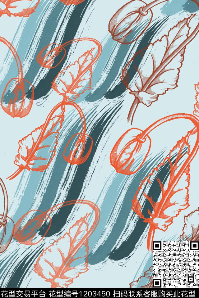 植物手绘线条笔触条纹混搭数码印花华亿平台下载（图片编号: 1203450） - 瓦栏（Walan）