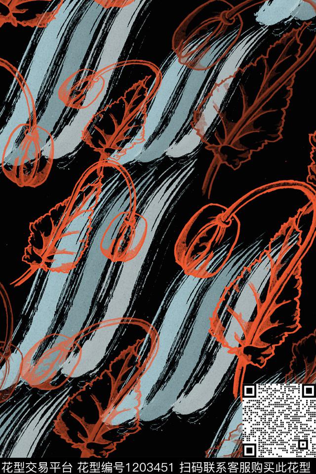 植物手绘线条笔触条纹混搭数码印花华亿平台下载（图片编号: 1203451） - 瓦栏（Walan）