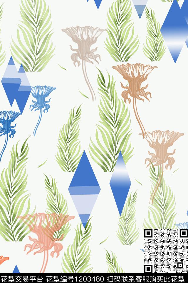 植物混合印花清新手绘数码印花华亿平台下载（图片编号: 1203480） - 瓦栏（Walan）