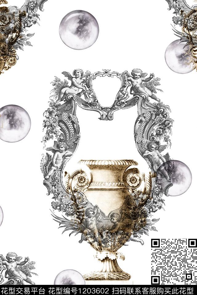 花瓶复古线条花卉数码印花华亿平台下载（图片编号: 1203602） - 瓦栏（Walan）