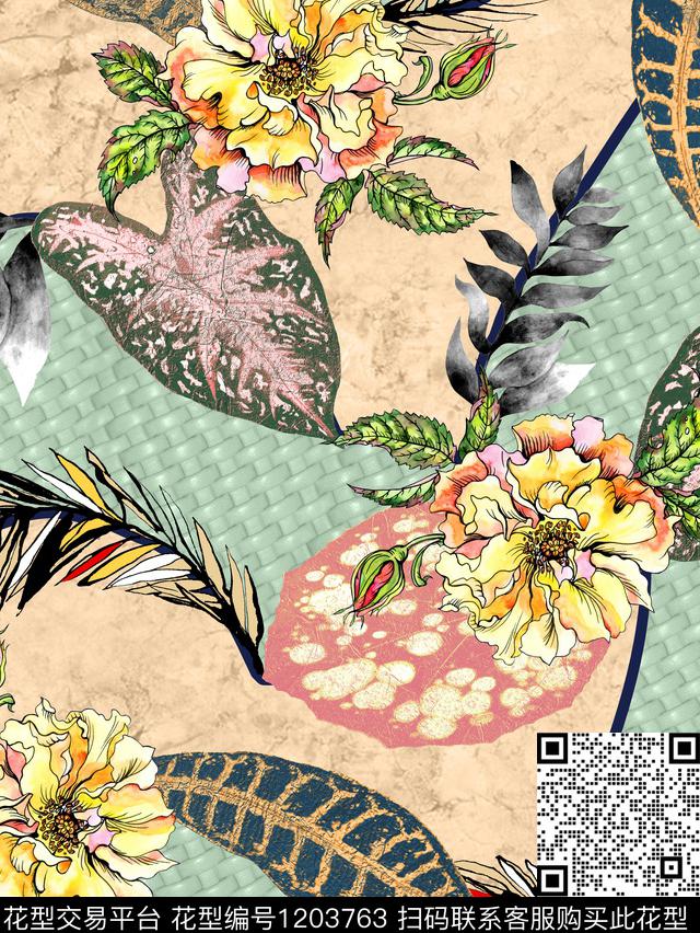 混合印花编织底纹绿植树叶数码印花华亿平台下载（图片编号: 1203763） - 瓦栏（Walan）