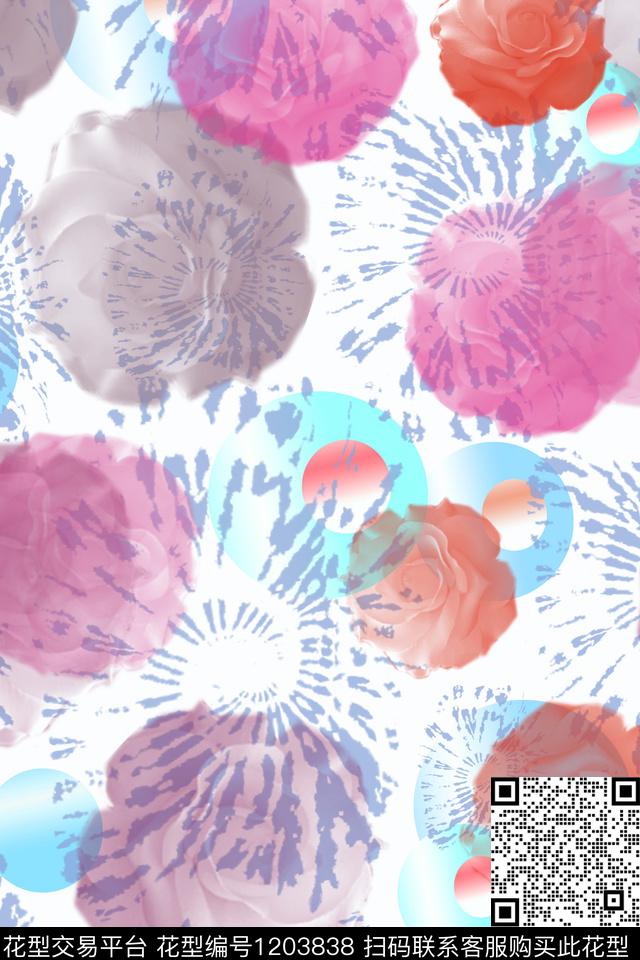 圆圈与波点混合印花玫瑰花语数码印花华亿平台下载（图片编号: 1203838） - 瓦栏（Walan）