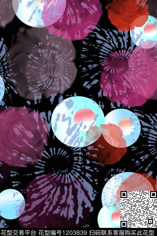 圆圈与波点混合印花玫瑰花语数码印花华亿平台下载（图片编号: 1203839） - 瓦栏（Walan）