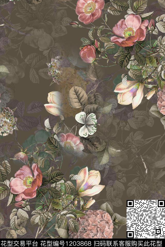 朦胧花卉旗袍手绘花卉数码印花华亿平台下载（图片编号: 1203868） - 瓦栏（Walan）