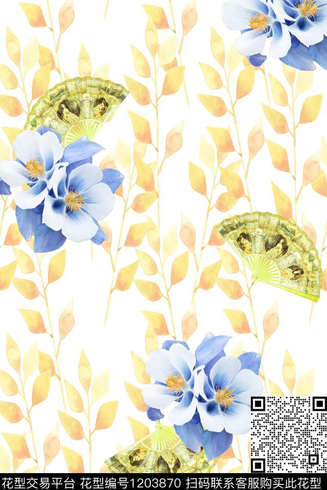休闲水彩花卉扇子数码印花华亿平台下载（图片编号: 1203870） - 瓦栏（Walan）