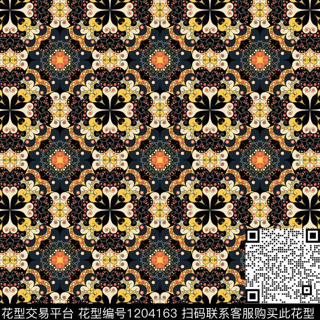 古典花纹民族风黑底花卉传统印花华亿平台下载（图片编号: 1204163） - 瓦栏（Walan）