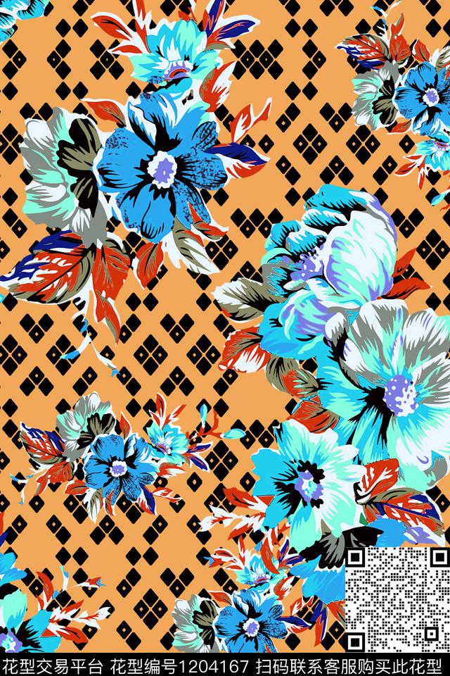春夏华亿平台格子花卉传统印花华亿平台下载（图片编号: 1204167） - 瓦栏（Walan）
