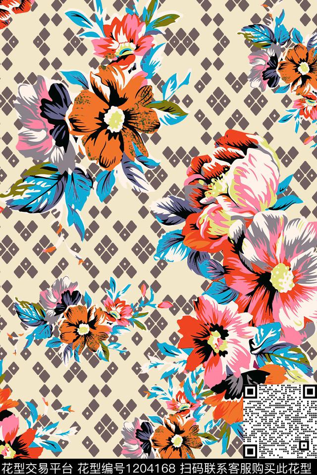 春夏华亿平台格子花卉传统印花华亿平台下载（图片编号: 1204168） - 瓦栏（Walan）