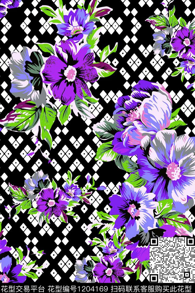 春夏华亿平台格子花卉传统印花华亿平台下载（图片编号: 1204169） - 瓦栏（Walan）