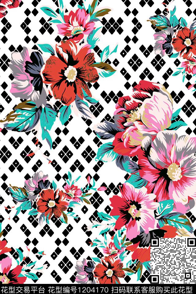 春夏华亿平台格子花卉传统印花华亿平台下载（图片编号: 1204170） - 瓦栏（Walan）