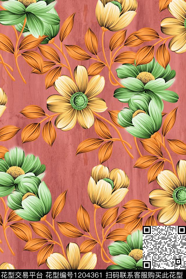 手绘抽象花卉植物数码印花华亿平台下载（图片编号: 1204361） - 瓦栏（Walan）