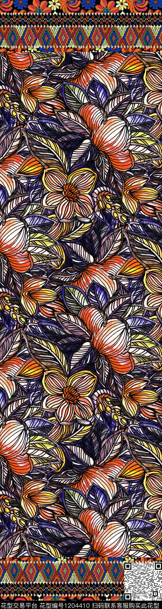 民族风勾线花卉双边定位数码印花华亿平台下载（图片编号: 1204410） - 瓦栏（Walan）