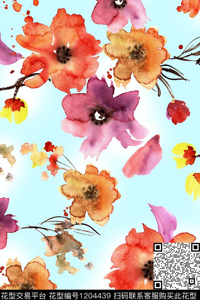 水彩花卉大牌风大花数码印花华亿平台下载（图片编号: 1204439） - 瓦栏（Walan）