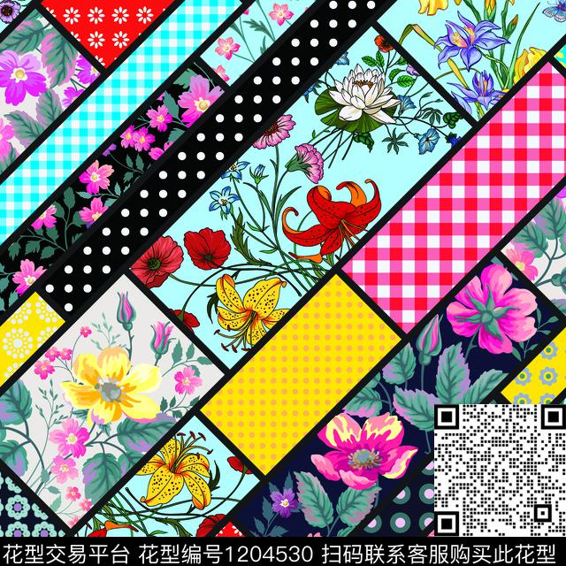格子花卉传统印花华亿平台下载（图片编号: 1204530） - 瓦栏（Walan）