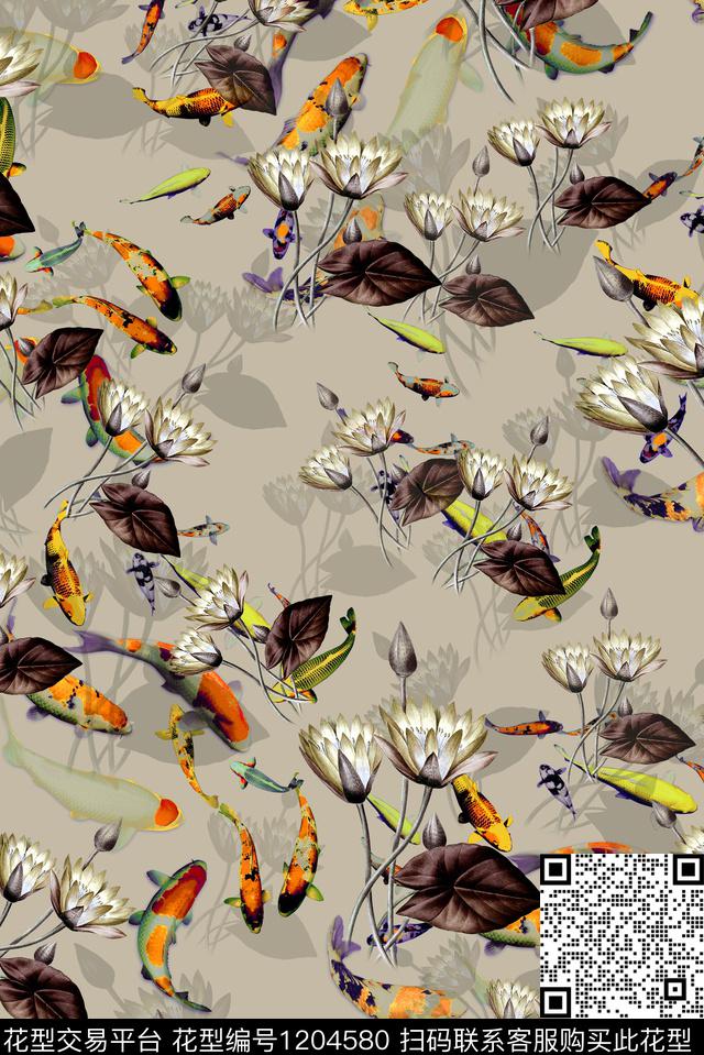 女装手绘花卉荷花鲤鱼数码印花华亿平台下载（图片编号: 1204580） - 瓦栏（Walan）
