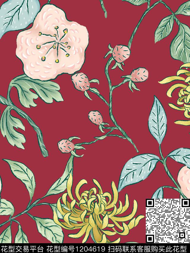 花卉大牌风绿植树叶传统印花华亿平台下载（图片编号: 1204619） - 瓦栏（Walan）