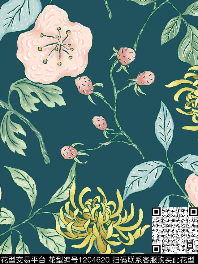 花卉大牌风绿植树叶传统印花华亿平台下载（图片编号: 1204620） - 瓦栏（Walan）