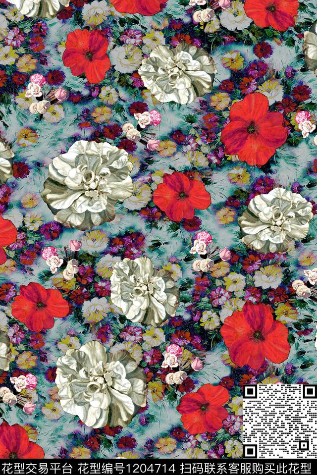 女装手绘大花油画华亿平台数码印花华亿平台下载（图片编号: 1204714） - 瓦栏（Walan）