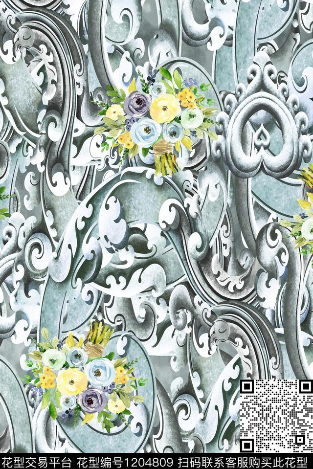 古典花纹水彩花卉欧洲数码印花华亿平台下载（图片编号: 1204809） - 瓦栏（Walan）