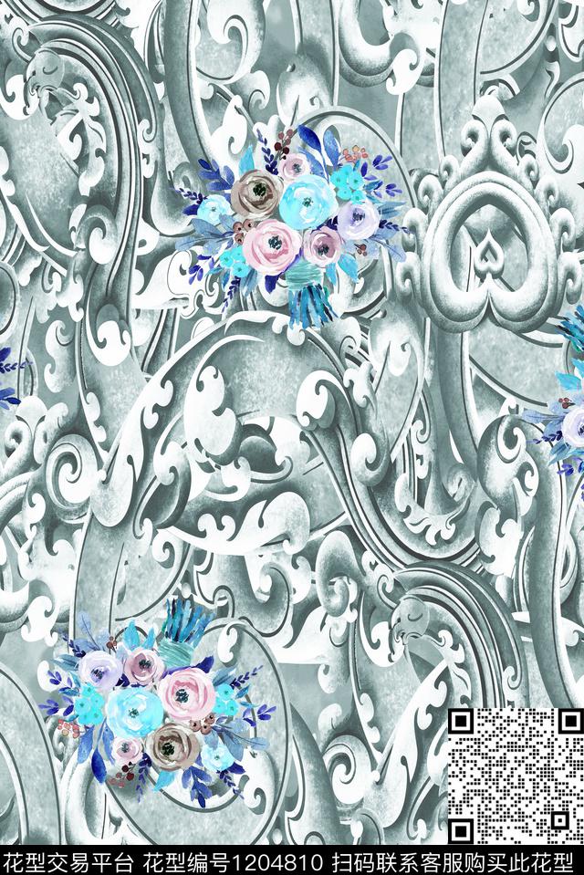 古典花纹水彩花卉几何数码印花华亿平台下载（图片编号: 1204810） - 瓦栏（Walan）