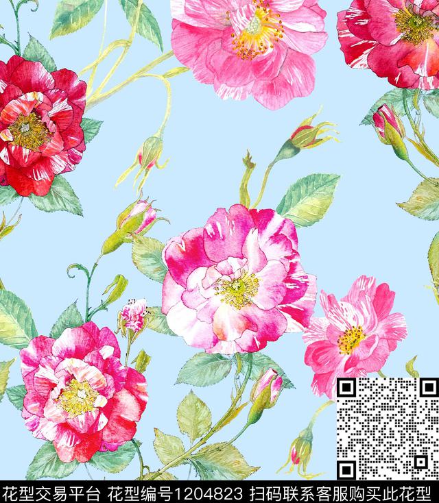 蔷薇花手绘大花水彩玫瑰数码印花华亿平台下载（图片编号: 1204823） - 瓦栏（Walan）