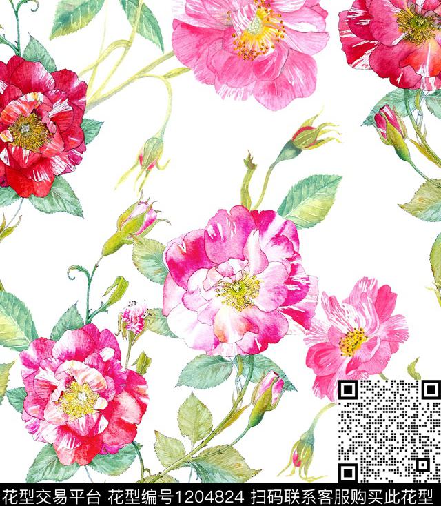 蔷薇花手绘大花水彩玫瑰数码印花华亿平台下载（图片编号: 1204824） - 瓦栏（Walan）