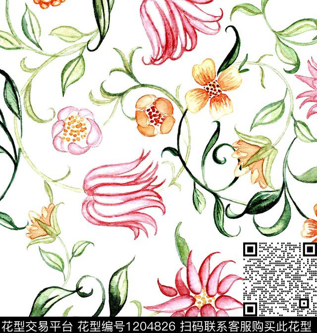 蔷薇花手绘大花水彩玫瑰数码印花华亿平台下载（图片编号: 1204826） - 瓦栏（Walan）