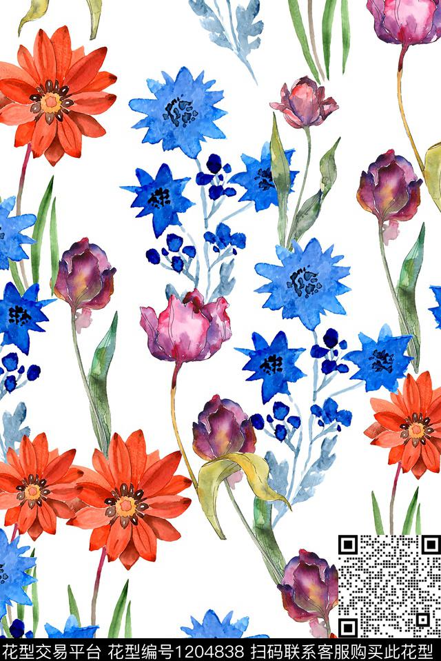 春夏华亿平台水彩花卉大牌风数码印花华亿平台下载（图片编号: 1204838） - 瓦栏（Walan）