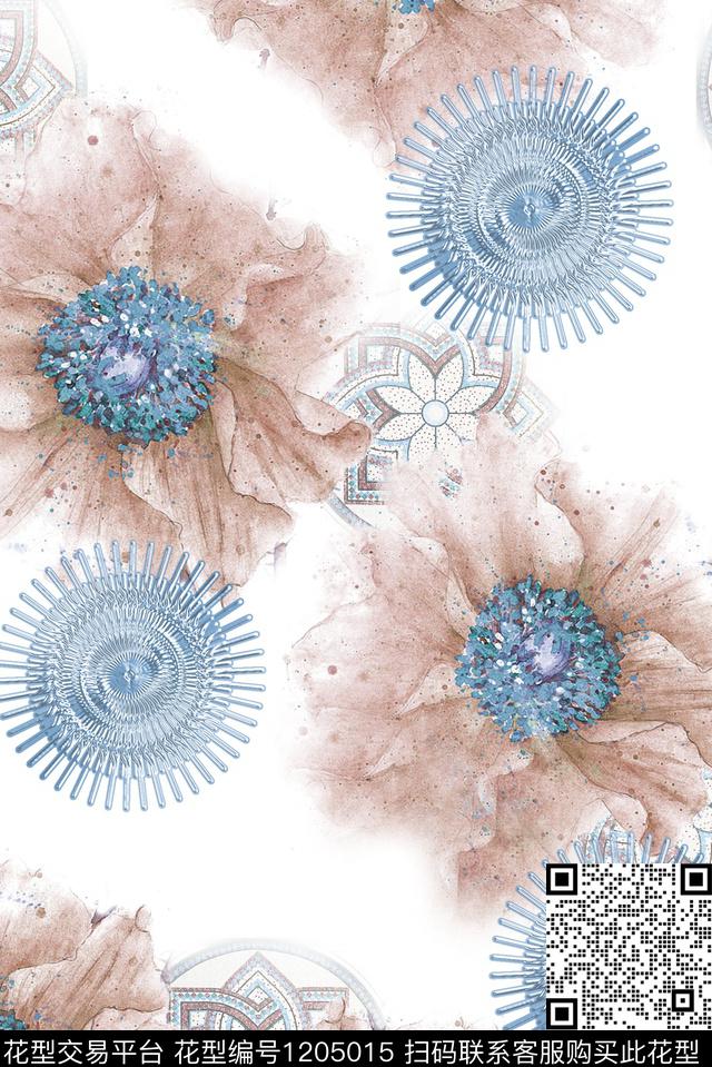 古典花纹水彩花卉几何数码印花华亿平台下载（图片编号: 1205015） - 瓦栏（Walan）