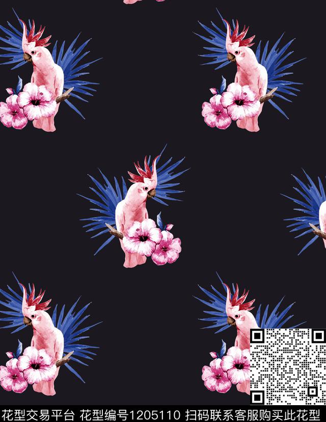 鹦鹉木槿花棕榈树数码印花华亿平台下载（图片编号: 1205110） - 瓦栏（Walan）