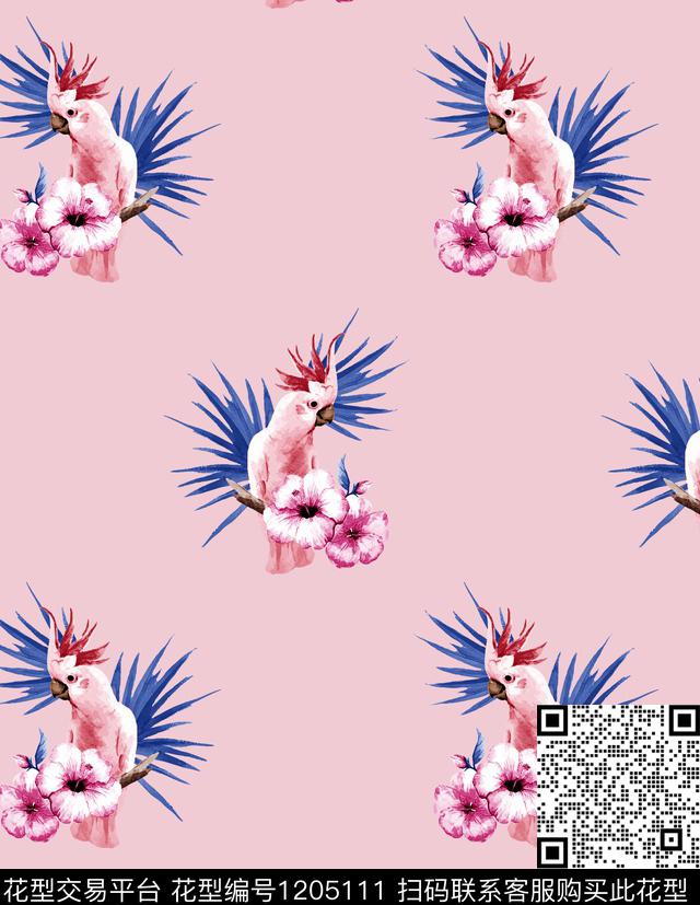 鹦鹉木槿花棕榈树数码印花华亿平台下载（图片编号: 1205111） - 瓦栏（Walan）