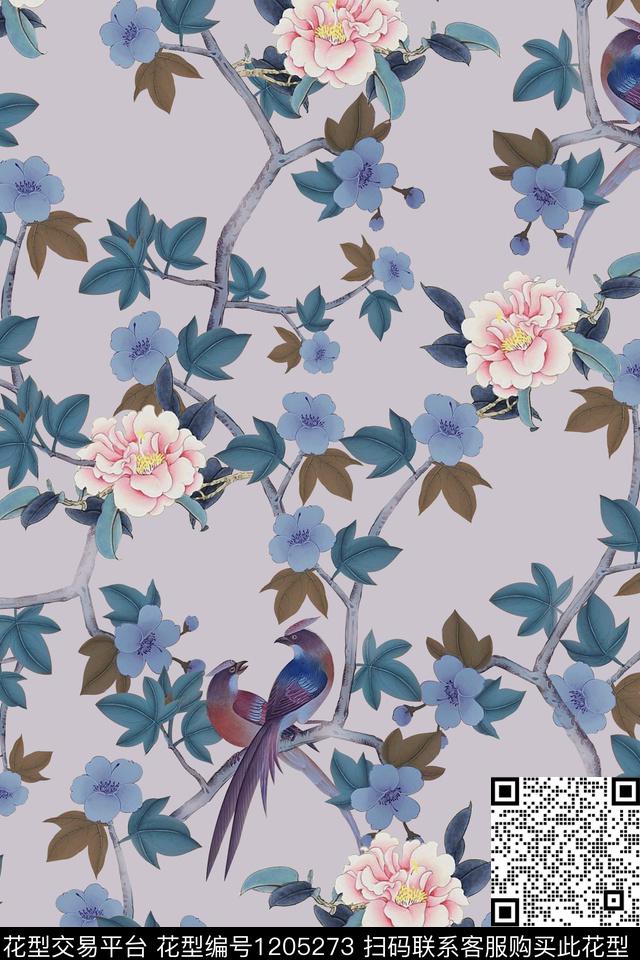 茶花鸟复古数码印花华亿平台下载（图片编号: 1205273） - 瓦栏（Walan）