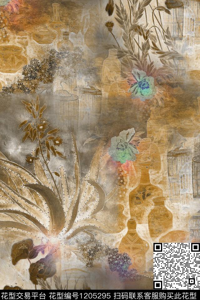做旧版画真丝数码印花华亿平台下载（图片编号: 1205295） - 瓦栏（Walan）