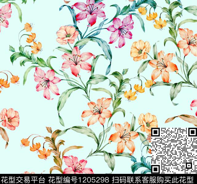 清爽底花卉水彩花卉春夏华亿平台数码印花华亿平台下载（图片编号: 1205298） - 瓦栏（Walan）